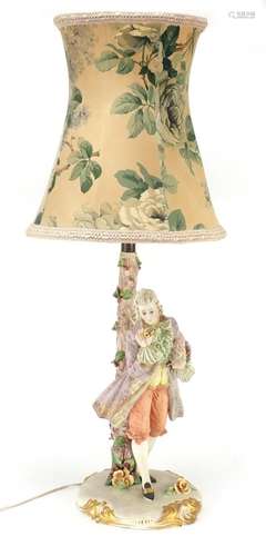 Continental porcelain figural lamp with shade, overall 77.5cm high : For Further Condition Reports