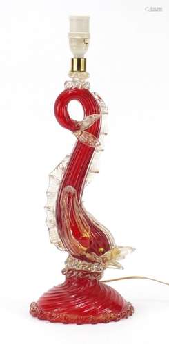 Venetian ruby glass dolphin design lamp, 50cm high : For Further Condition Reports Please Visit