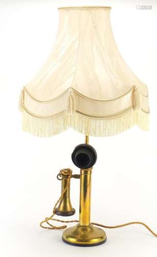 Novelty brass stick telephone design table lamp with shade, overall 70cm high : For Further