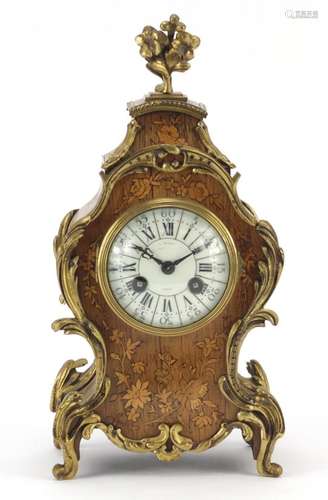 French inlaid walnut mantel clock with gilt metal mounts, enamelled dial and Roman numerals, 29.