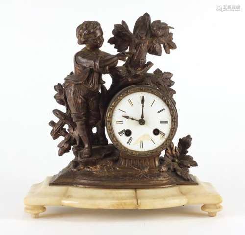 French gilt metal and alabaster figural mantle clock with enamel dial and Roman numerals, 28.5cm