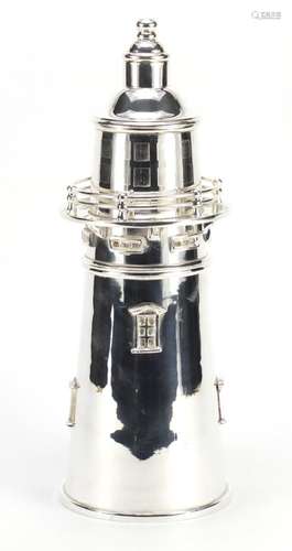 Large silver plated cocktail shaker in the form of a lighthouse, 35cm high : For Further Condition