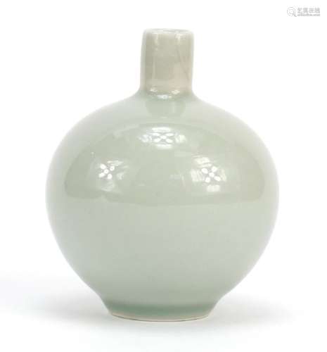 Japanese porcelain celadon glazed vase, character marks to the base, 9cm high : For Further