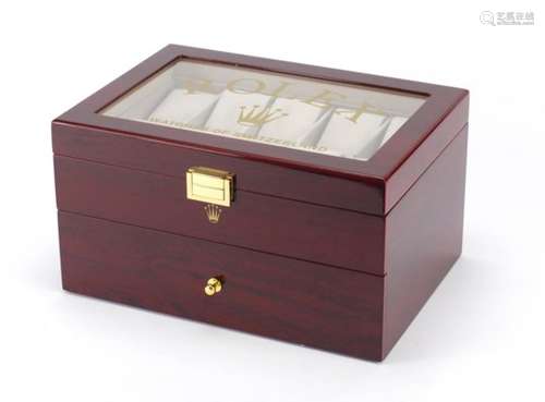 Rolex cherry wood dealers display watch box with base drawer, 16.5cm H x 29cm W x 20.5cm D : For