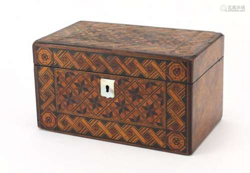 Victorian burr walnut and marquetry twin divisional tea caddy with velvet lined interior and