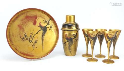 Chinese lacquered cocktail set, each hand painted with a cockerel comprising a cocktail shaker and