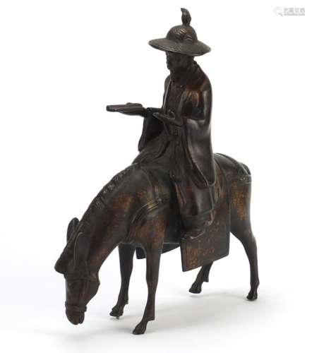 Patinated bronze study of a Chinaman on donkey, 30.5cm high : For Further Condition Reports Please