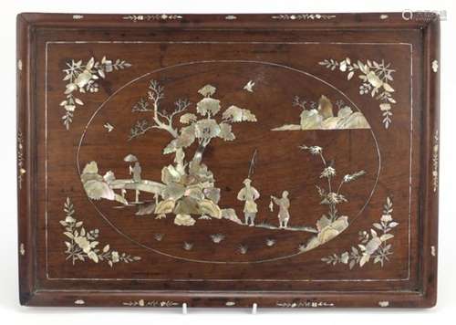 Chinese hardwood tray with mother of pearl inlay decorated with figures in a landscape, 49cm x 33.