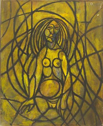 Abstract composition, surreal nude figure, oil on canvas, bearing an inscription Ribeiro verso,