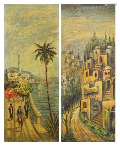 Continental town and coastal scene, pair of oil on canvas laid on board, inscribed verso,