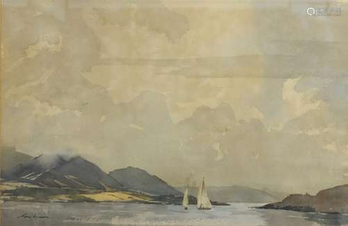 Roy Green - Sailing boats on a lake, watercolour, inscribed verso, mounted and framed, 51cm x 33cm :