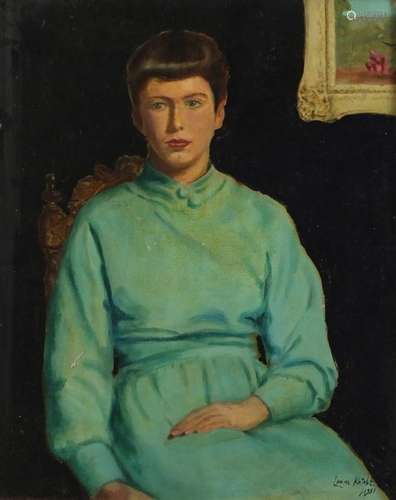 Manner of Laura Knight - Seated female in an interior, oil, framed, 49.5cm x 39.5cm : For Further