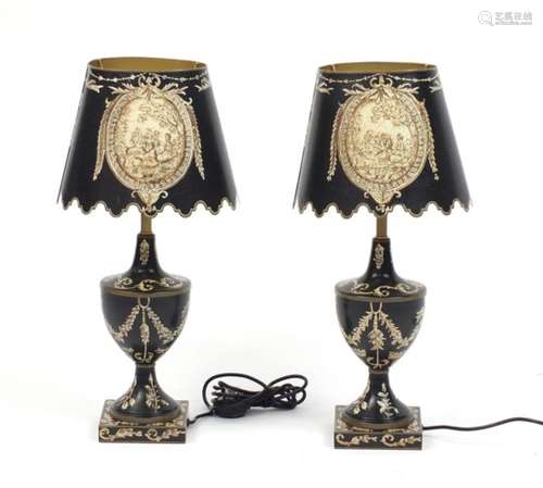 Pair of Toleware lamps with shades, each 55cm high : For Further Condition Reports Please Visit