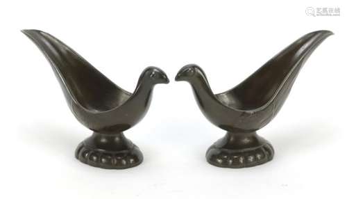 Pair of Danish bronze bird design sauce boats, each 11cm in length : For Further Condition Reports