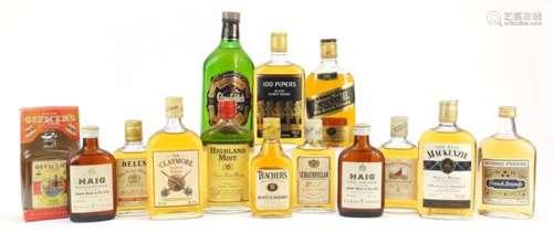 Fourteen bottles of mostly vintage whisky including Glenfiddich, Teachers, Haig, Bells and Johnny