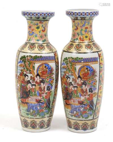 Large pair of Chinese porcelain vases decorated with figures and flowers, each 61cm high : For