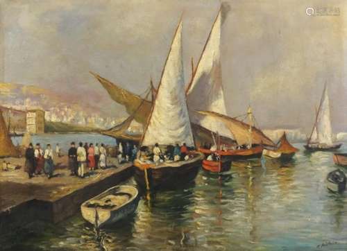 Napoli Harbour, Italian School oil onto board, bearing a signature Pratalla and inscriptions