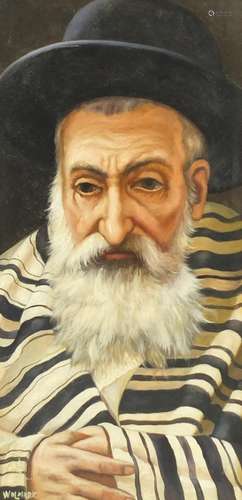 Portrait of a Rabbi, oil on board, bearing a signature Wolmark, mounted and framed, 60cm x 29.