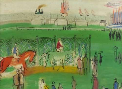 Horseracing scene, Impressionist oil onto board, bearing a signature Dufy, mounted and framed, 53.