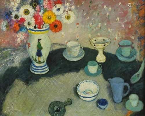 Still life items on a table, Scottish School oil onto board bearing a signature Redpath, framed,