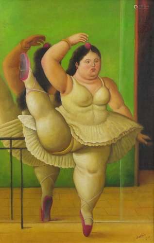 Portrait of a dancer, South American school oil onto board, bearing a signature Botero, framed, 74.