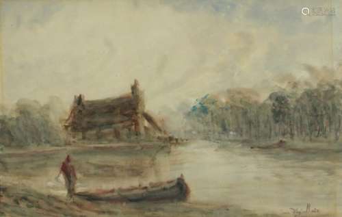 Boat on a lake before buildings and trees, watercolour, bearing a signature possibly Degallaix,