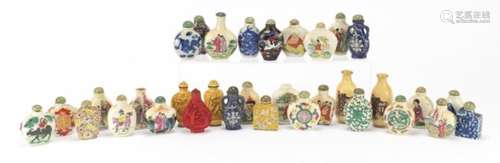 Collection of Chinese snuff bottles mostly hand painted including porcelain, ivorine and cinnabar