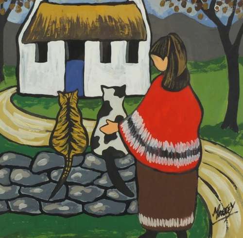 Manner of Marky Robertson - Young girl with two cats before a cottage, Irish School gouache, framed,