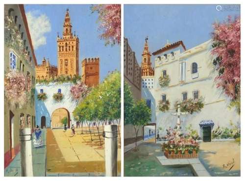 Rolond - Continental gardens, pair of mixed media's, mounted and framed, each 33cm x 22.5cm : For