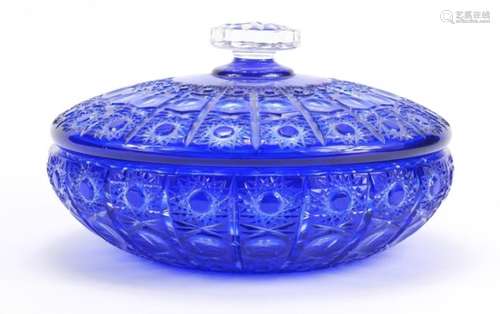 Bohemian blue flashed cut glass bowl and cover, 26cm diameter : For Further Condition Reports Please