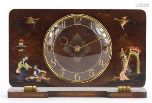 1920s chinoiserie decorated Smiths mantel clock with arabic numerals, 27.5cm wide : For Further