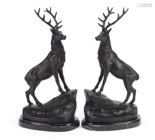 Pair of patinated bronze stags raised on shaped marble bases, 43cm high : For Further Condition