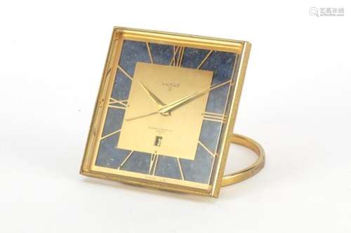 Loxor eight day brass and lapis lazuli travel alarm clock, with date dial, retailed by Mappin &