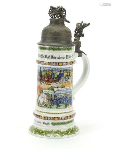 German Military porcelain beirstein by Kaiser with pewter lid, 29.5cm high : For Further Condition