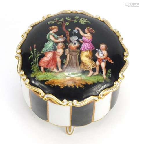 German porcelain trinket box and cover hand painted with classical figures, by Fraureuta, 8cm high :