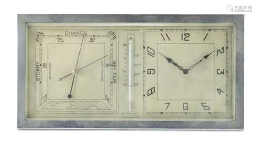 Art Deco chrome strut desk clock and barometer with bevelled glass, 12.5cm x 24.5cm : For Further