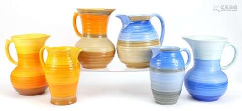 Six large Art Deco Shelley Harmony jugs, the largest 23.5cm high : For Further Condition Reports