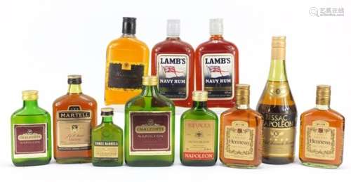 Eleven bottles of French brandy and rum including Hennessey Cognac, Navy Rum and French brandy : For