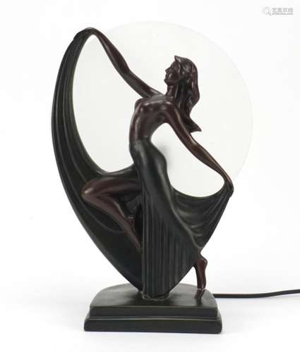 A bronzed lamp in the form of an Art Deco female with glass shade, 37cm high : For Further Condition