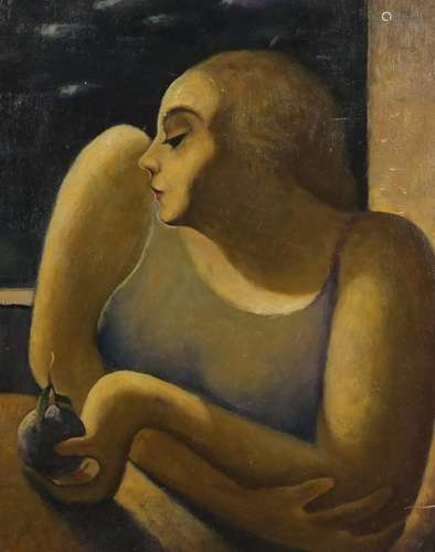 Portrait of a surreal female, oil onto board, bearing an inscription G. Du Bois verso, framed,