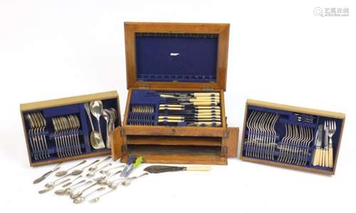 Oak canteen of silver plated cutlery, some with ivorine handles : For Further Condition Reports