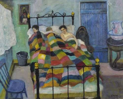 Three in a Bed, Irish School, oil onto board, bearing a signature Keating, mounted and framed,