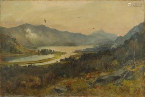 Lake before mountains, oil on canvas, bearing a monogram and inscribed S Hooper verso, unframed,