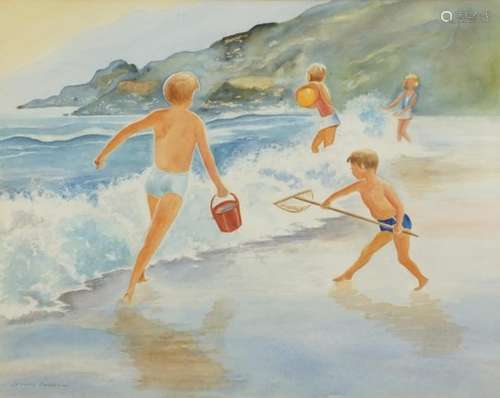 Leonard Bussey - Children playing on a beach, watercolour, mounted and framed, 64cm x 50.5cm : For