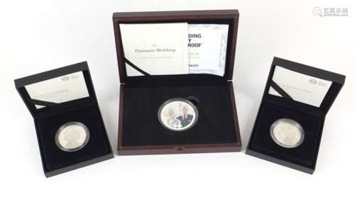 Three silver proof coins including platinum wedding and four generations of royalty, with cases :