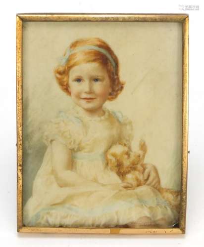 Rectangular portrait miniature hand painted with a young girl holding her teddy, bearing signature