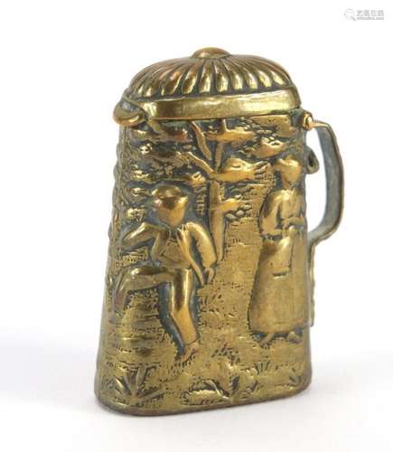 Continental brass Vesta in the form of a stein embossed with children, 4cm high : For Further