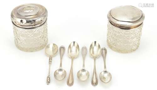 Six silver teaspoons and two cut glass jars with silver lids, various hallmarks the largest 7cm high