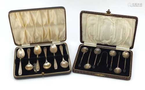 Set of six silver teaspoons and a set of silver coffee bean spoons with sugar tongs, Birmingham