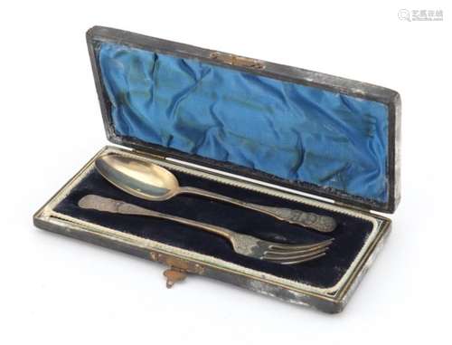 Victorian silver fork and spoons Christening set with fitted box by T Beardsmore, Birmingham 1897,